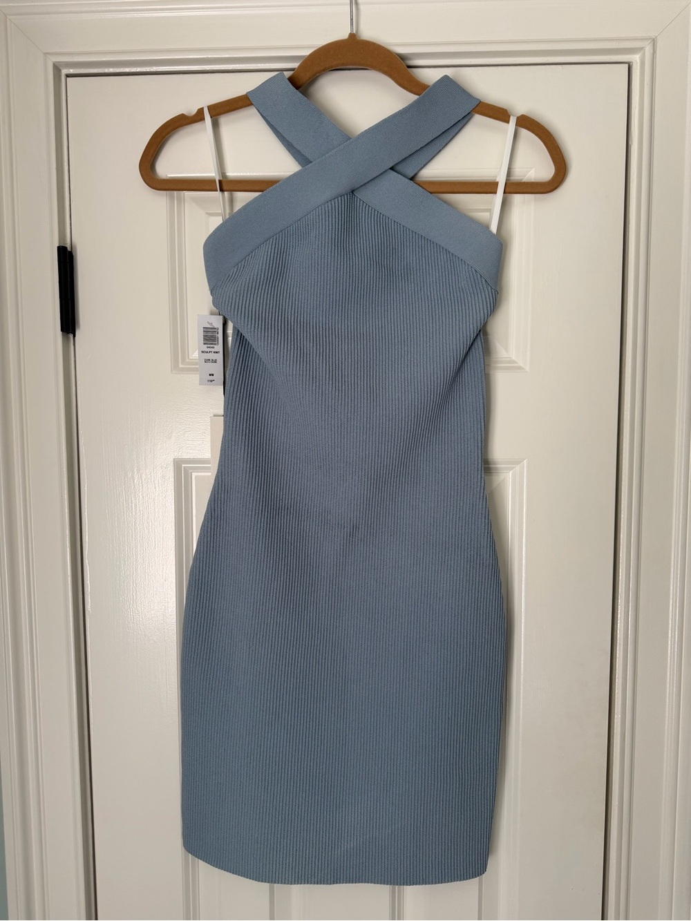 Aritzia Babaton Ribbed Sculpt Knit Cross-Halter Mini Dress in Blue NWT Size M